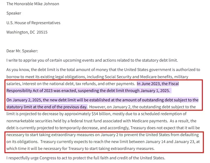 Janet Yellen Letter Highlighting Debt Problem in USA Janet Yellen Letter Highlighting Debt Problem in USA